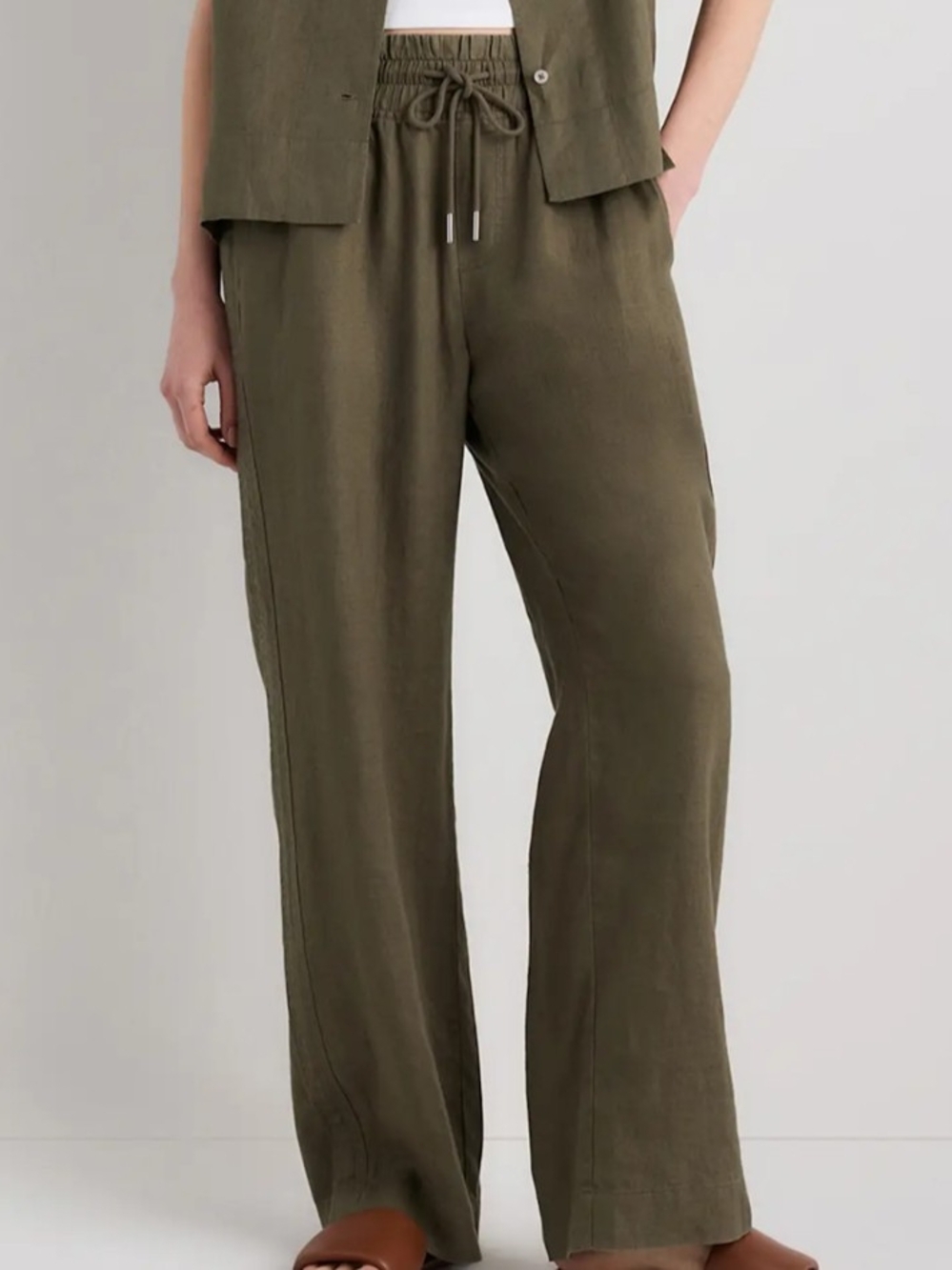 Quince 100% European Linen Wide-Leg Drawstring Pants - Bayberry Olive
